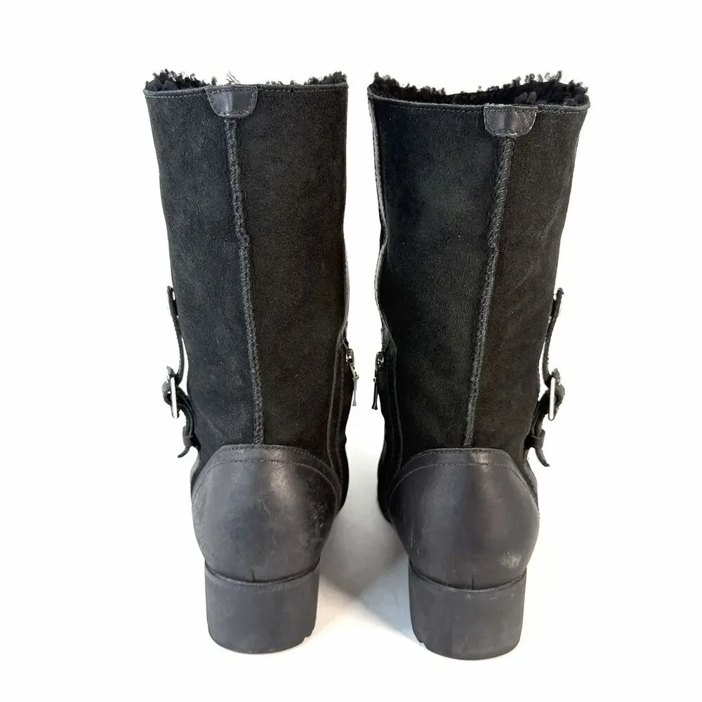 UGG Australia Bellevue Shearling Fold Over Moto Black Leather Boots Sz 10 U.S.